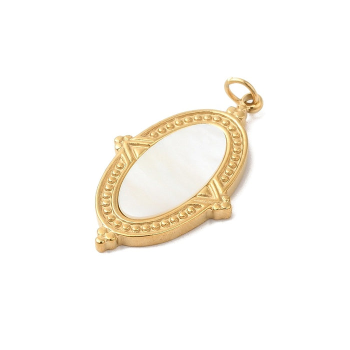 Oval pendant golden stainless steel white shell flat cabochon 25mm (1)