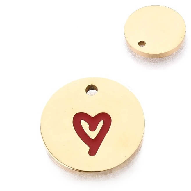 Medallion and red enamel heart - Golden stainless steel 14mm (1)