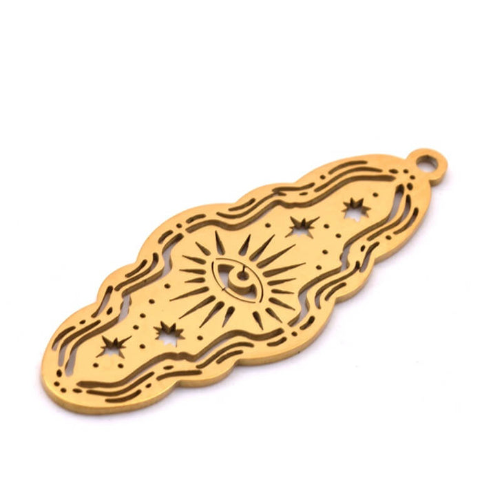 Wavy oval pendant in golden steel with hollow eye 35x14mm - Hole: 1mm (1)