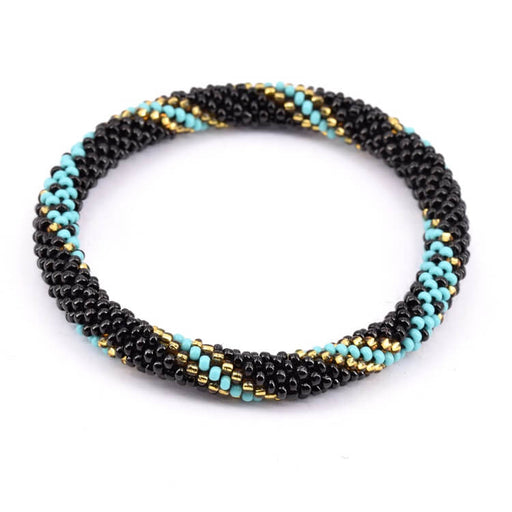 Nepalese crocheted bangle bracelet turquoise gold black 65mm (1)