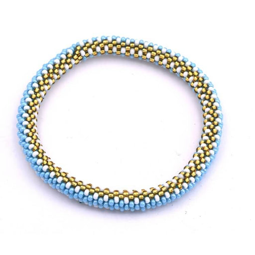 Buy Nepalese crocheted bangle bracelet sky blue white and gold 65mm (1)