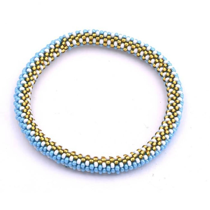 Nepalese crocheted bangle bracelet sky blue white and gold 65mm (1)