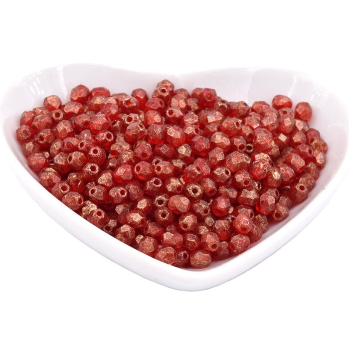Czech fire-polished beads Gold Marbled - Siam Ruby 4mm (50)
