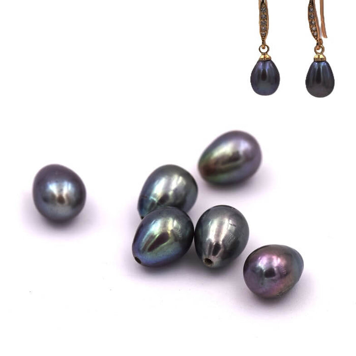 Iridescent grey freshwater pearl drop half drilled 9x7mm - Hole:0. 8mm (2)