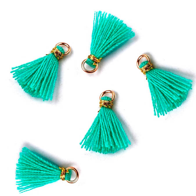 5 turquoise gold thread tiny tassel - 15mm (5)