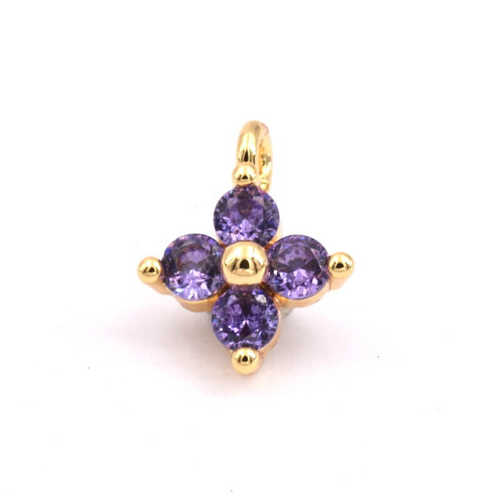Flower cross pendant golden brass and purple zircon - 8mm - Hole: 1.2mm (1)