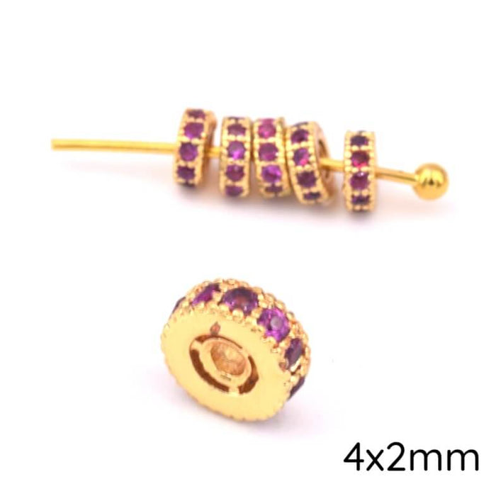 Heishi Bead with Fuchsia Purple Zirconia 4x2mm Golden Brass - Hole: 0.8mm (1)