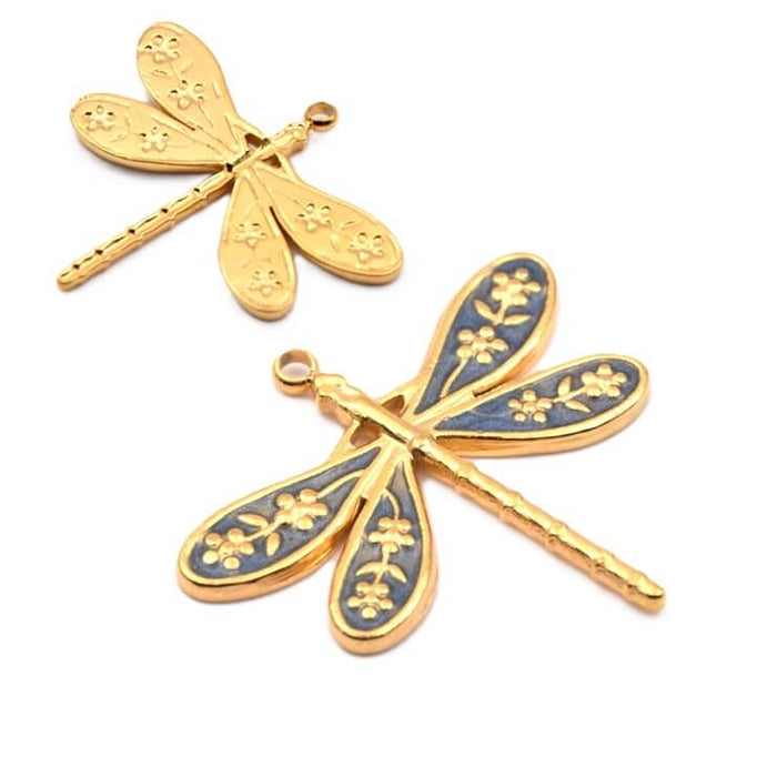 Dragonfly pendant Blue enamel 27x24mm golden stainless steel (1)