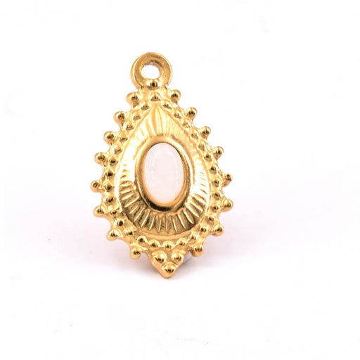Buy Drop Pendant Steel Gold and White Jade Cabochon 19x14mm (1)