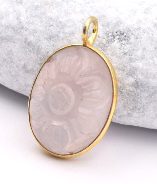 Oval Pendant Flower Carved Rose Quartz - 925 gold plated 17x13mm (1)