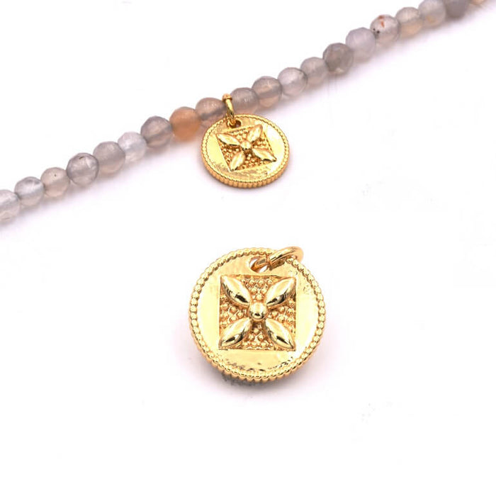 Medal Pendant Baroque Flower Cross Golden Brass 12mm with Ring (1)