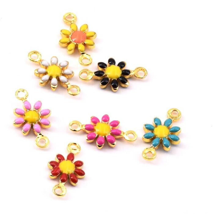 Daisy Flower Charm Connector Mix Enamel Golden Brass 7mm (6 items)