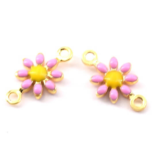 Daisy Flower Charm Connector pink Enamel Golden Brass 7mm (2)