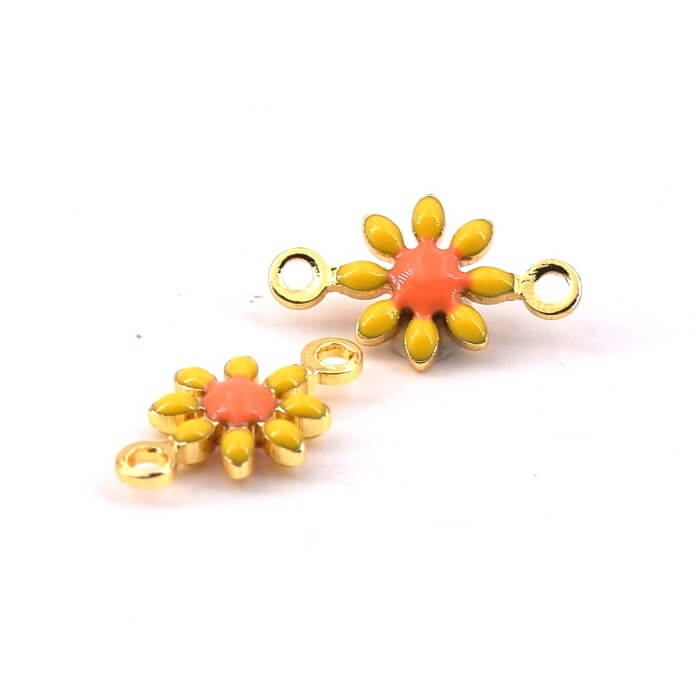 Daisy Flower Charm Connector Brass Gold Yellow Enamel 7mm (2)