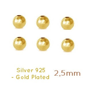 2.5mm Round Beads 925 Gold Plated 1 micron (10)