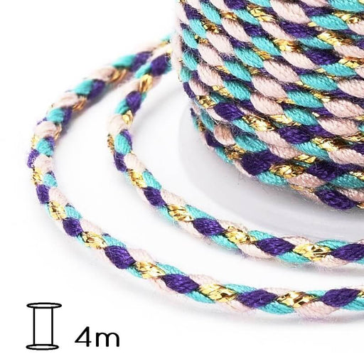 Buy Braided cotton cord turquoise-purple - gold thread - 1.5mm (spool- 4m)