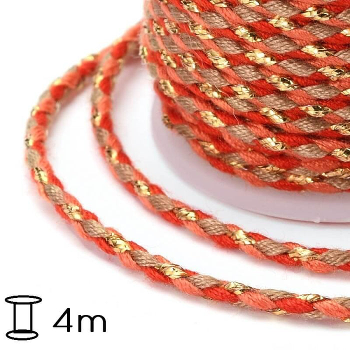 Cordon Coton Tressé Fil Doré, Rouge et Orange - 2mm (Bobine 4m)