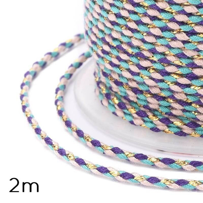 Cordon Coton Tressé Fil Doré, Turquoise et Violet - 2mm (2m)