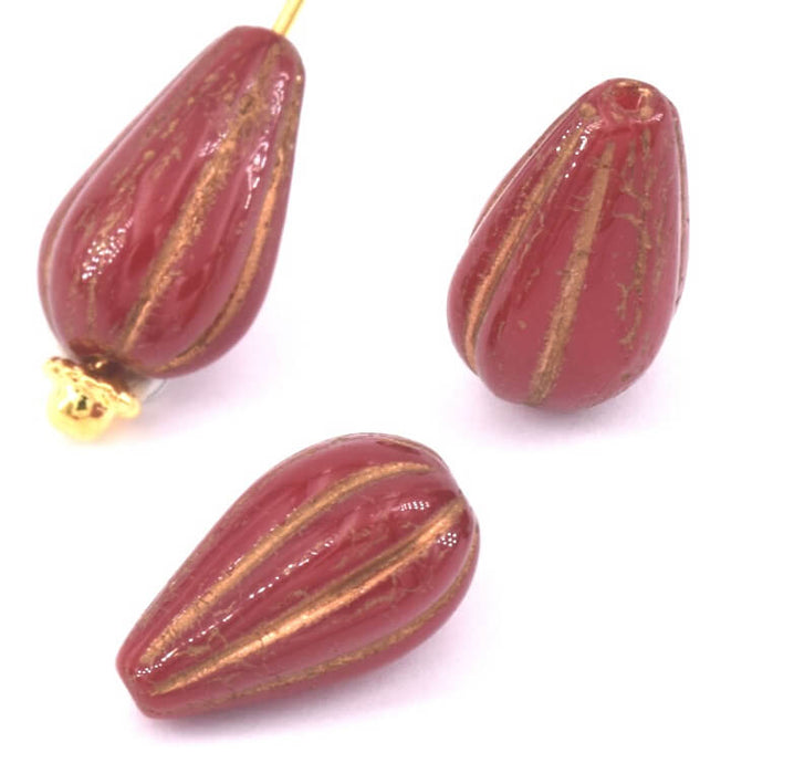 Czech pressed glass beads Bohemian DROP Opaline Red and Bronze 13x7mm (4)