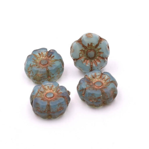 Czech pressed glass flower Hibiscus blue and Bronze 7mm (4)