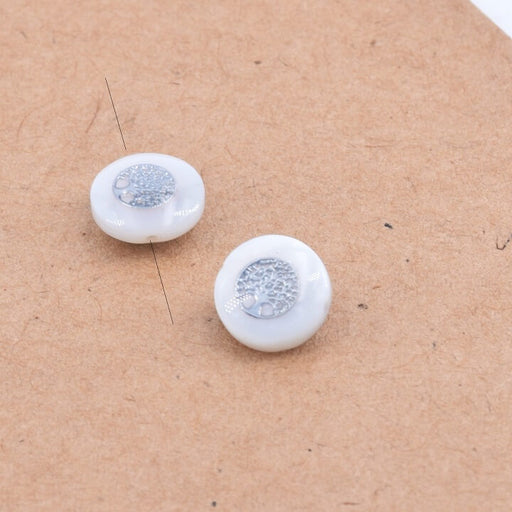 Buy White Shell Flat Round Beads with Platinum Tree of Life 8x3mm - Hole 0.6mm (2)