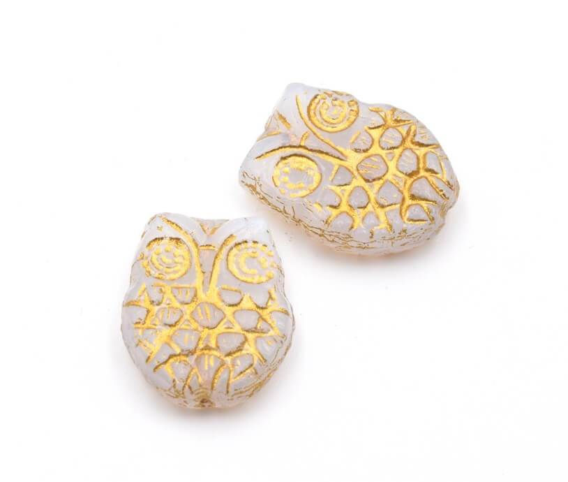 Czech pressed glass horned owl White opaline and gold 18x15mm (2)