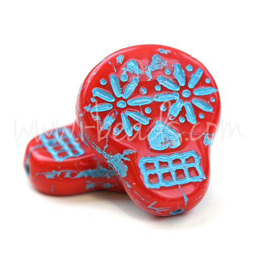 Czech pressed glass sugar skull red and blue 15x19mm (2)
