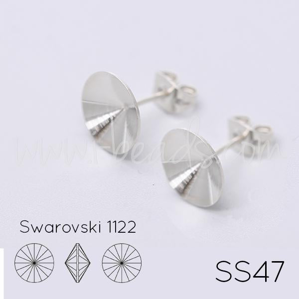 Cupped stud earring setting for Swarovski 1122 rivoli SS47 Rhodium plated (2)