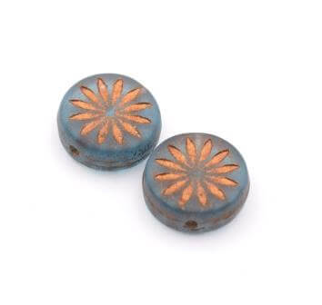 Czech pressed glass beads COIN Flower montana matte and dark bronze 12mm (4)