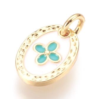 Buy Charm pendant golden brass and white enamel whith green cross 9mm + ring (1)