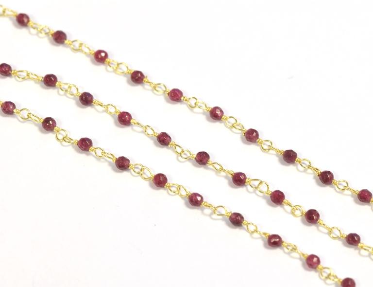 Rosary chain Silver gold plated and ruby beads 2 mm (10cm)