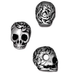 Skull and rose bead horizontal large hole metal antique silver plated 10mm (1)