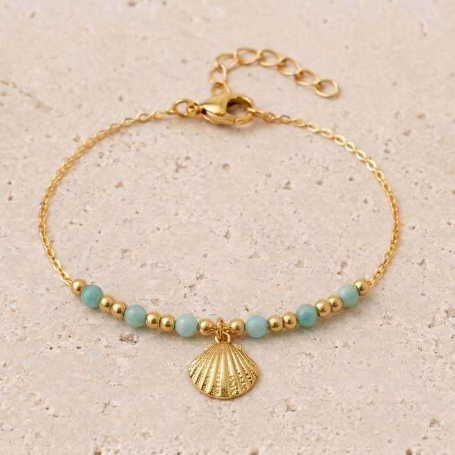 Bracelet perle tuto : créez un bracelet d’été coquillage doré et Amazonite
