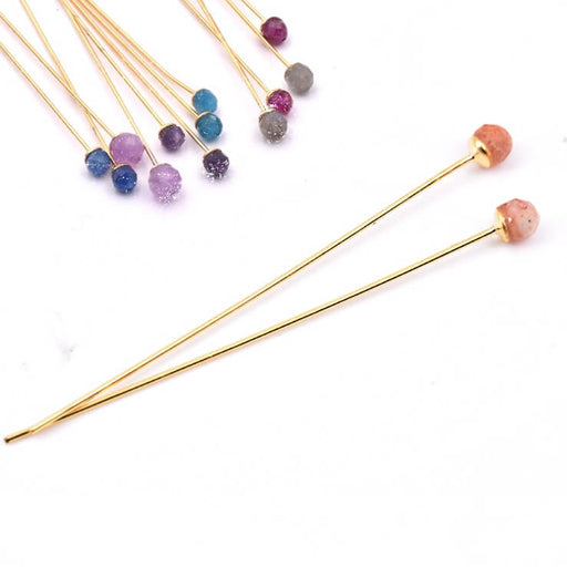 Golden head pin 48mm with opaque faceted strawberry quartz 3.5mm (2)