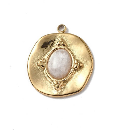 Buy Round pendant golden stainless steel with white jade cabochon 19.5x16.5mm (1)