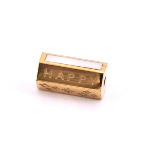 Hexagonal tube bead golden steel and rectangle shell - word Happy -12x6mm (1)