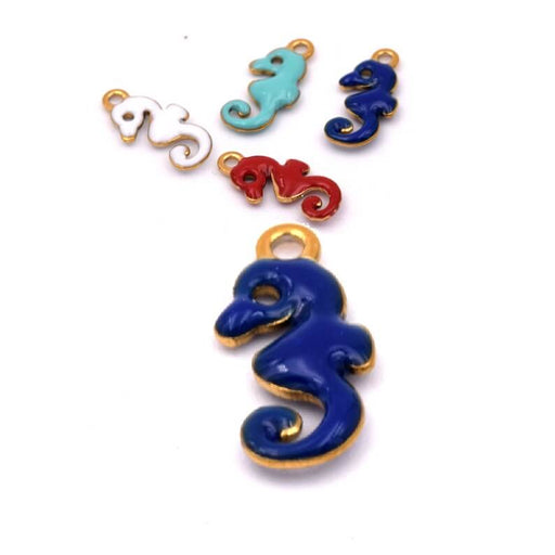 Seahorse charm with BLUE enamel - Golden stainless steel - 10mm (1)