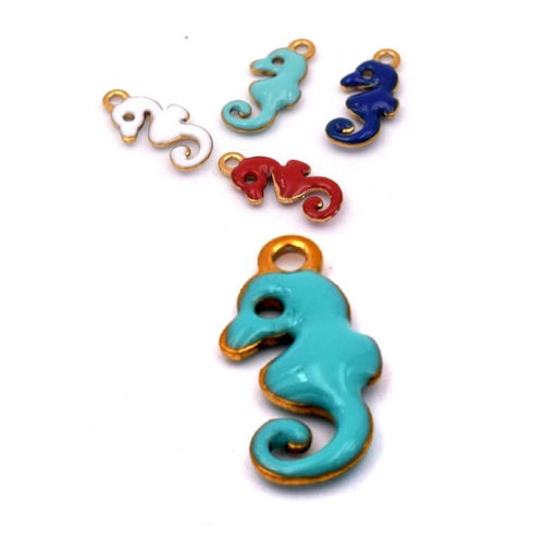 Seahorse charm with TURQUOISE enamel - golden stainless steel - 10mm (1)
