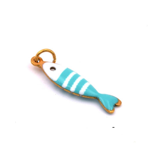Fish pendant Turquoise and white enamel - golden steel 19x5mm (1)