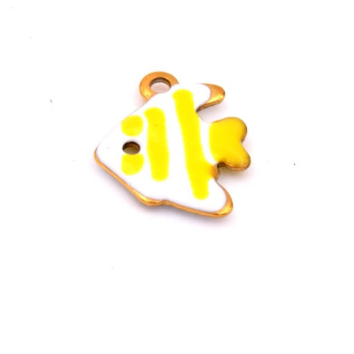 Little fish pendant with yellow striped white enamel - Golden steel -12mm - Hole: 1mm (1)