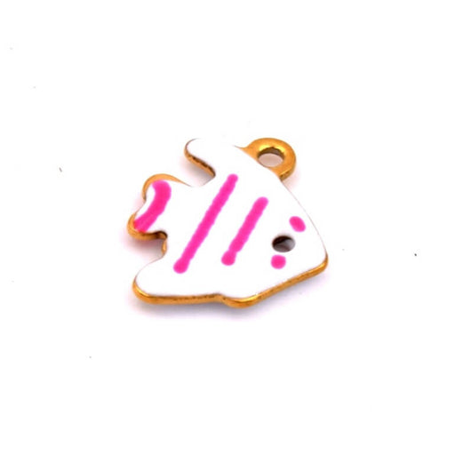 Buy Little fish pendant with pink striped white enamel - Golden steel -12mm - Hole: 1mm (1)
