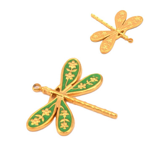 Buy Dragonfly pendant with green enamel - Golden stainless steel 27x24mm (1)