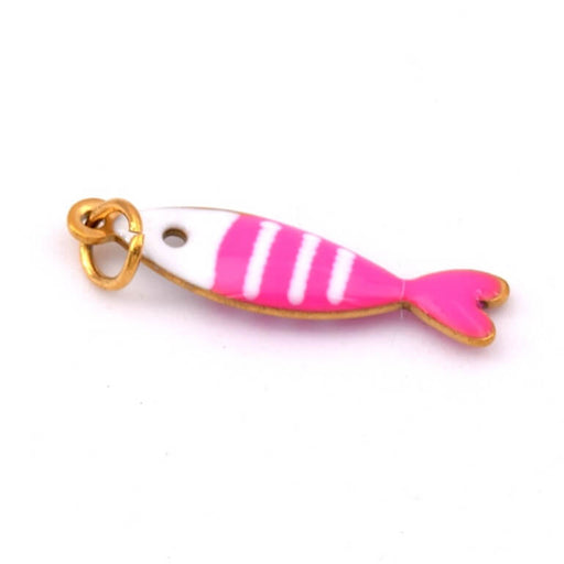 Fish pendant pink and white enamel -19x5mm golden steel (1)