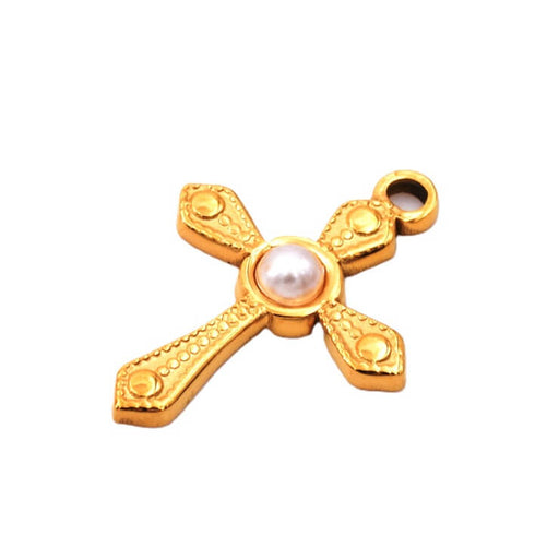 Cross pendant with pearl cabochon - Golden stainless steel - 19.5mm (1)