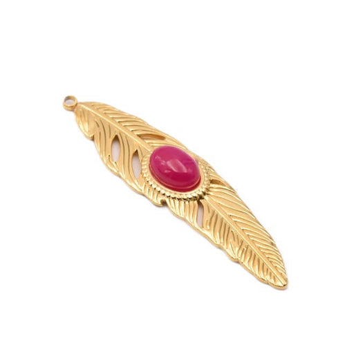 Feather pendant in golden stainless steel - 46mm with fuchsia jade cabochon (1)