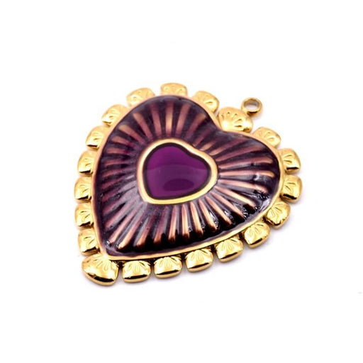 Heart pendant Goldensteel and purplenamel - 22x20mm (1)