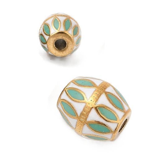Buy Bicone bead 15x12mm golden stainless steel with white and turquoise enamel (1)