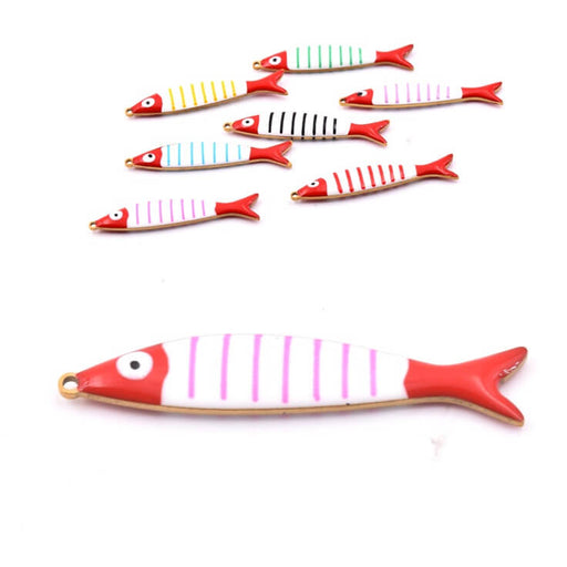 Fish pendant - Gold-tone steel with pink striped enamel 40x8mm (1)