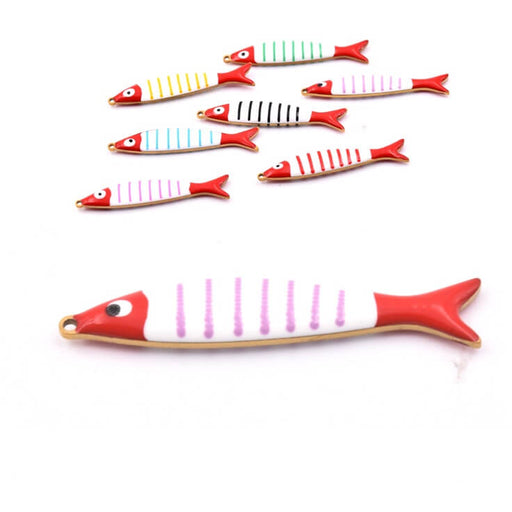 Fish pendant - Gold-tone steel with purple striped enamel 40x8mm (1)