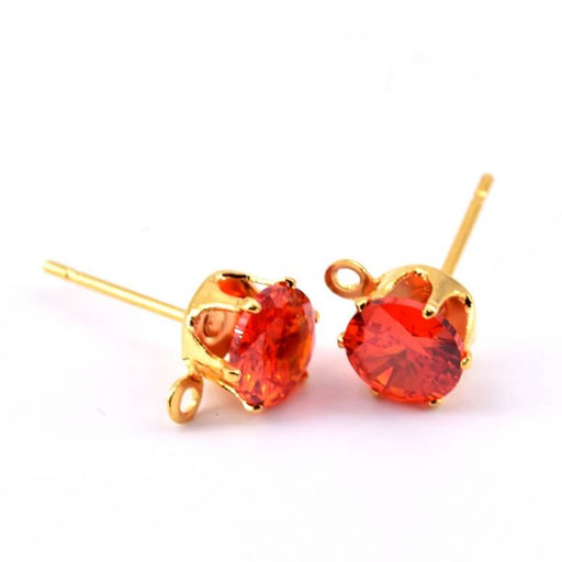 Stud earrings golden brass set with orange-red zircon - Hole: 1mm (2)